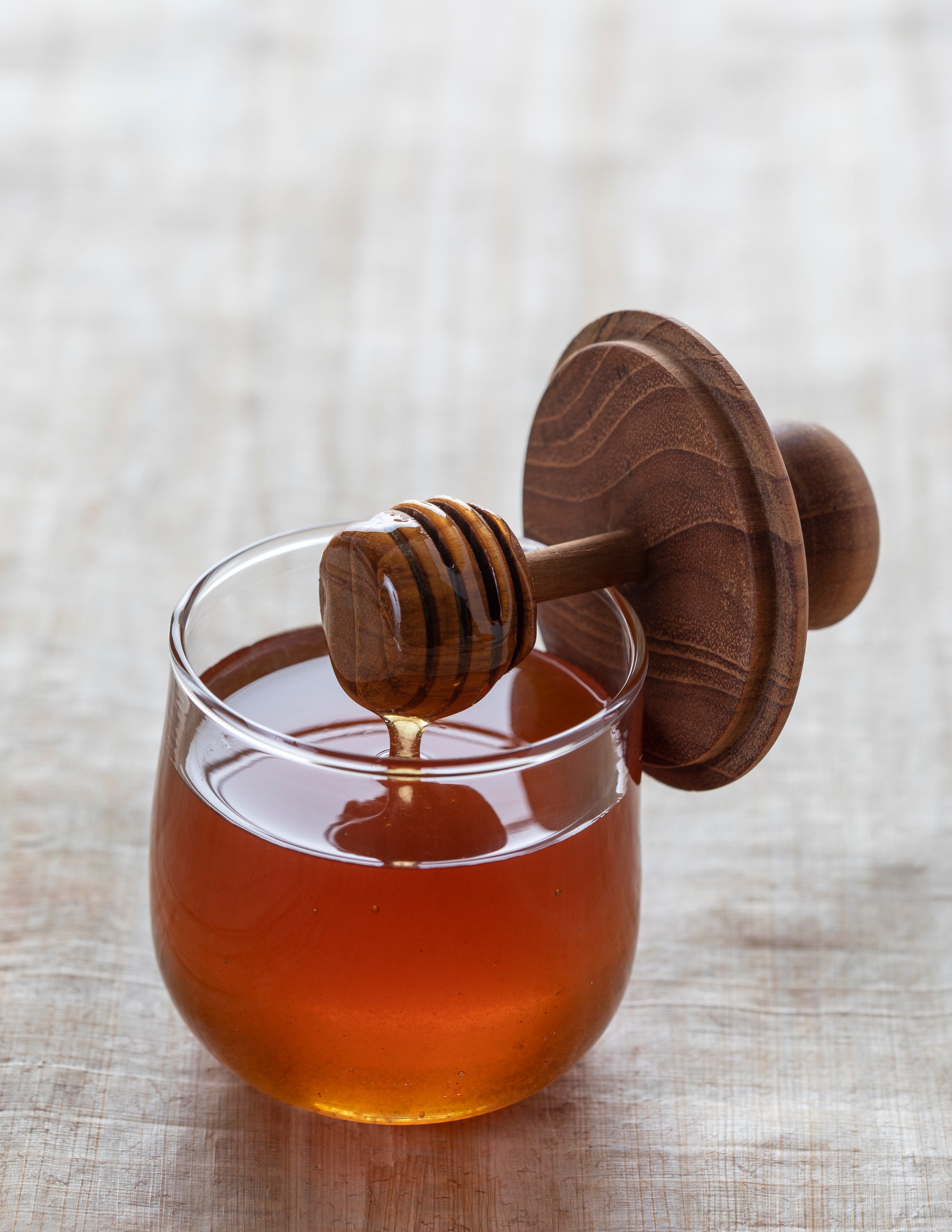 Γυάλινο Δοχείο Μελιού με Κουτάλι &amp; Καπάκι από Teak – Mini